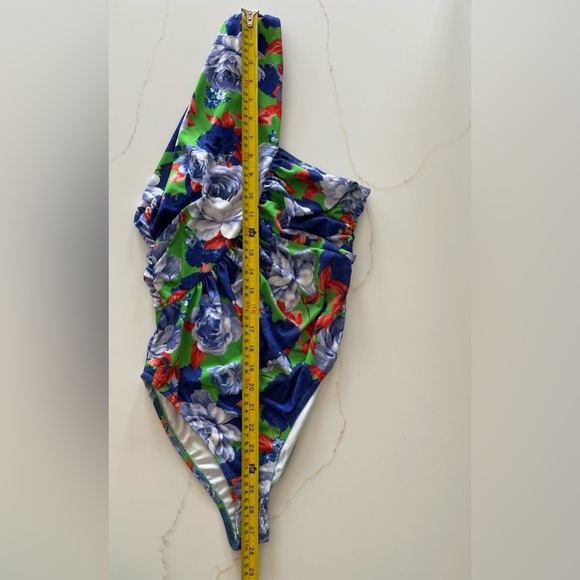 ZARA One Sleeve Blue & Green Floral Asymmetrical Bodysuit Size Small NWT - Picture 9 of 9